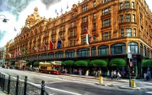 An external shot of Harrods in London during the day