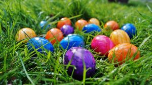 A variety of coloured Easter eggs hidden in the grass