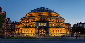 An external shot of the Royal Albert Hall, London, at dusk