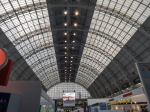 An internal view of the Olympia Exhibition Centre's roof, London