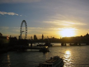 The London Skyline - with the London Eye - as the sun is rising